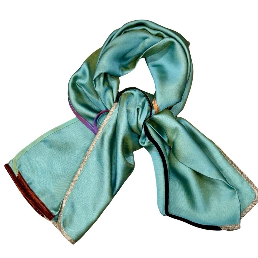 Aqua Silk Scarf with Multicolor Velvet Trim and Metallic Edging